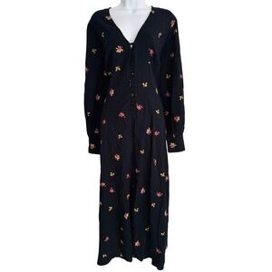 Nobody's Child Dress 14 Black Midi Floral Button Seersucker Boho Cottagecore